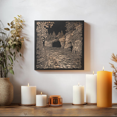 a table with candles and a painting on the wall