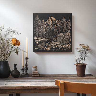 a table with vases of flowers and a painting on the wall