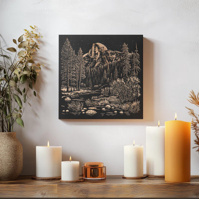 a table topped with candles and a painting on the wall