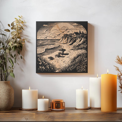 a table topped with candles and a painting on the wall