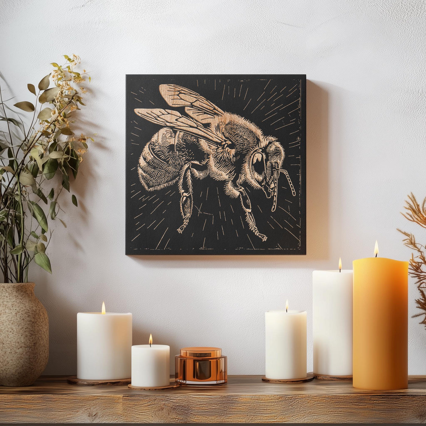 a picture of a bee on a wall next to candles