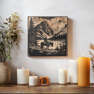 a wooden table topped with candles and a painting