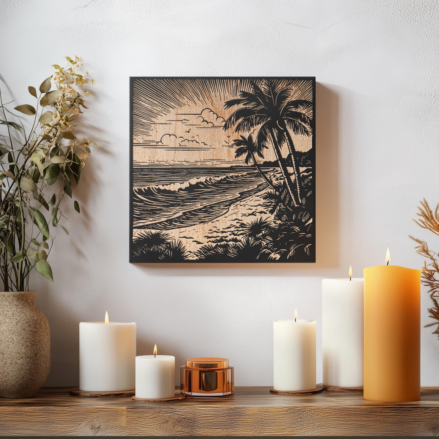 a table topped with candles and a painting on the wall