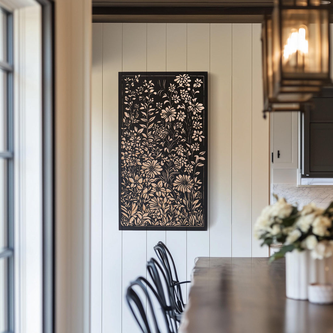 Flowers in the Garden Engraved Birch Wood Panel | Block Print Inspired Floral Art, Rustic Flora Illustration Print, Farmhouse Decor Gift