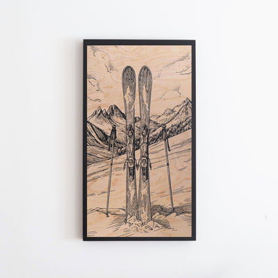 Vintage Skis Engraved Birch Wood Panel | Block Print Inspired Skiing Wall Art, Mountain Illustration, Outdoor Enthusiasts Home Decor Gift.