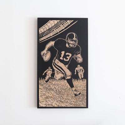 Vintage Football Player Engraved Birch Wood Panel | Block Print Inspired, Man Cave Wall Art Decor, Sport Lover Illustration Print, Fan Gift.