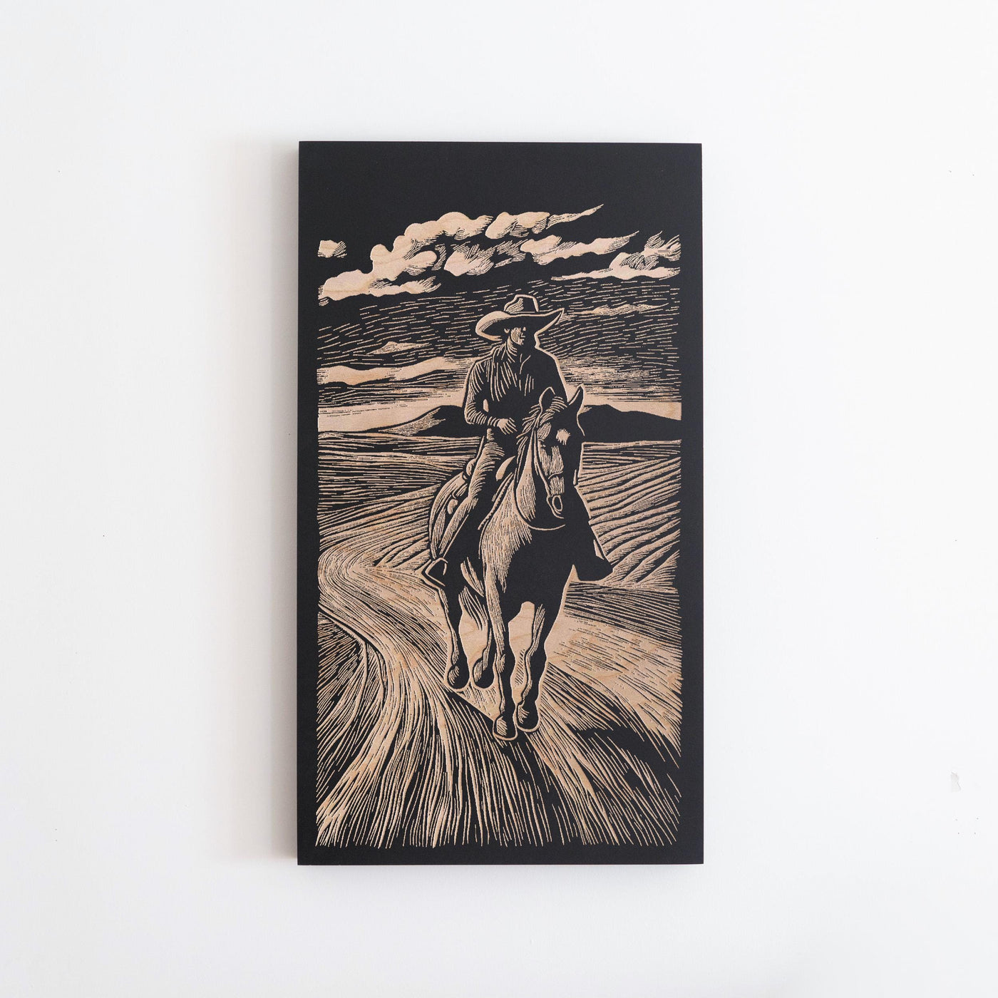 Cowboy in the Desert Engraved Birch Wood Panel | Block Print Inspired Western Wall Art, Cowboy on Horse Illustration, Ranch Home Decor Gift