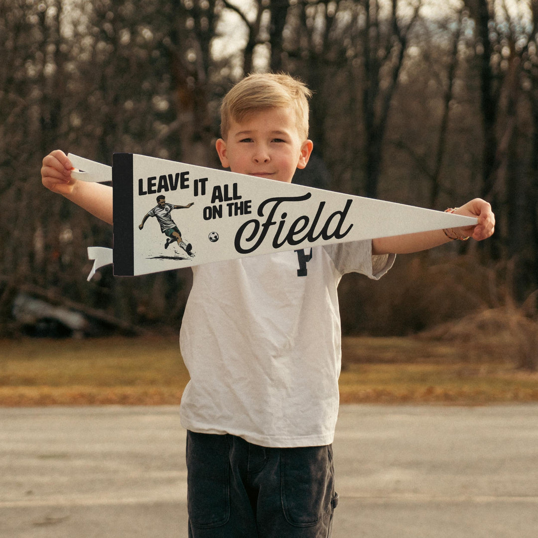 Soccer Leave it all on the Field Felt Pennant | Vintage Soccer Banner, Kids Room Decor, Football Sports Fan Wall Art Print Motivational Gift