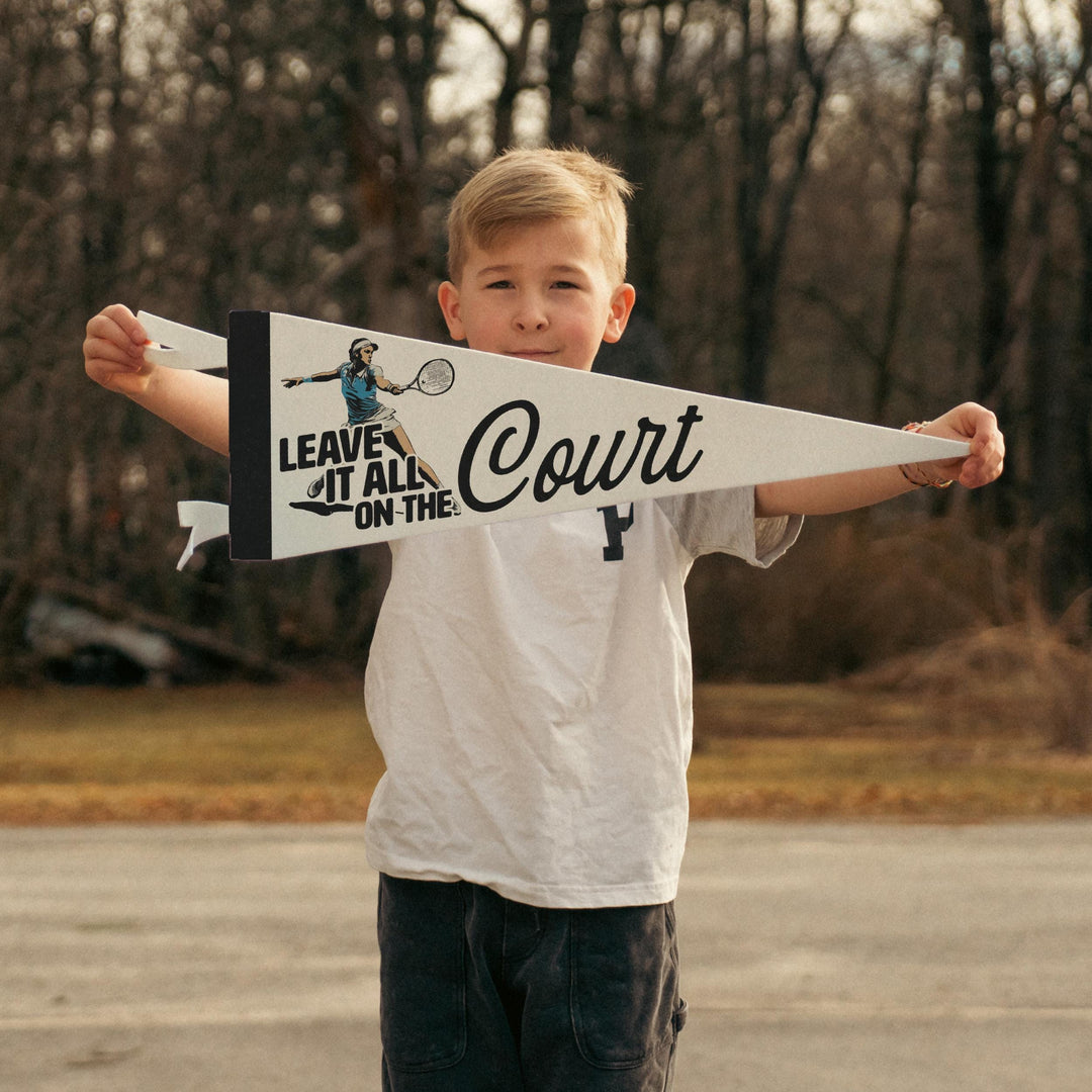 Tennis Leave it all on the Court Felt Pennant | Vintage Tennis Banner, Kids Room Decor, Sports Fan Wall Art Print. Player Motivational Gift