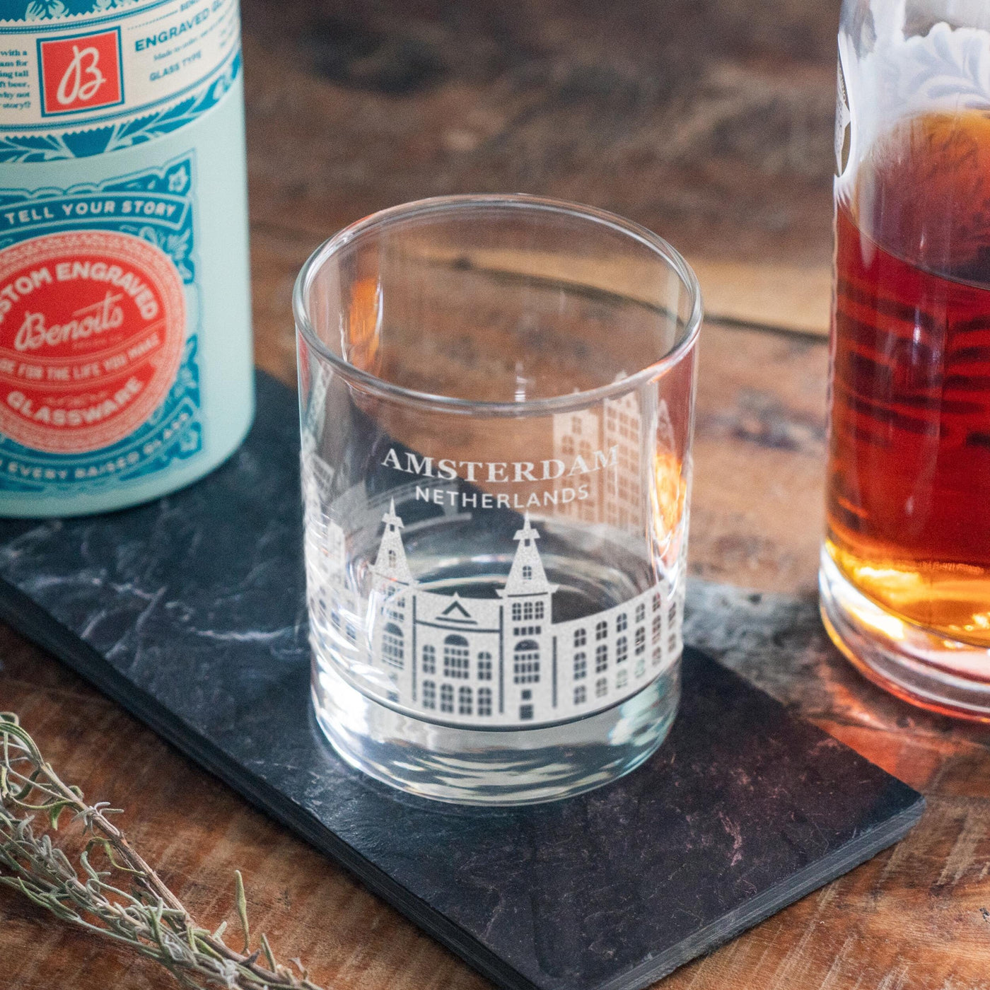 Amsterdam, Netherlands City Skyline Engraved Glasses | Hometown etched glassware. Beer, whiskey, wine & drinks. Housewarming and Travel gift