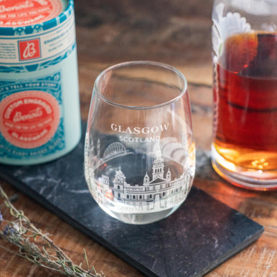 Glasgow, Scotland City Skyline Engraved Glasses | Hometown etched glassware. Beer, whiskey, wine & drinks. Housewarming and Travel gift