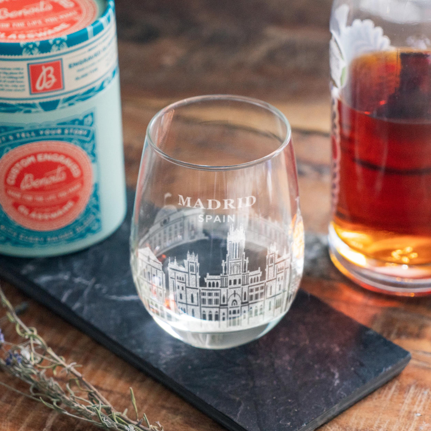 Madrid, Spain City Skyline Engraved Glasses | Hometown etched glassware. Beer, whiskey, wine & drinks. Housewarming and Special Trip gift