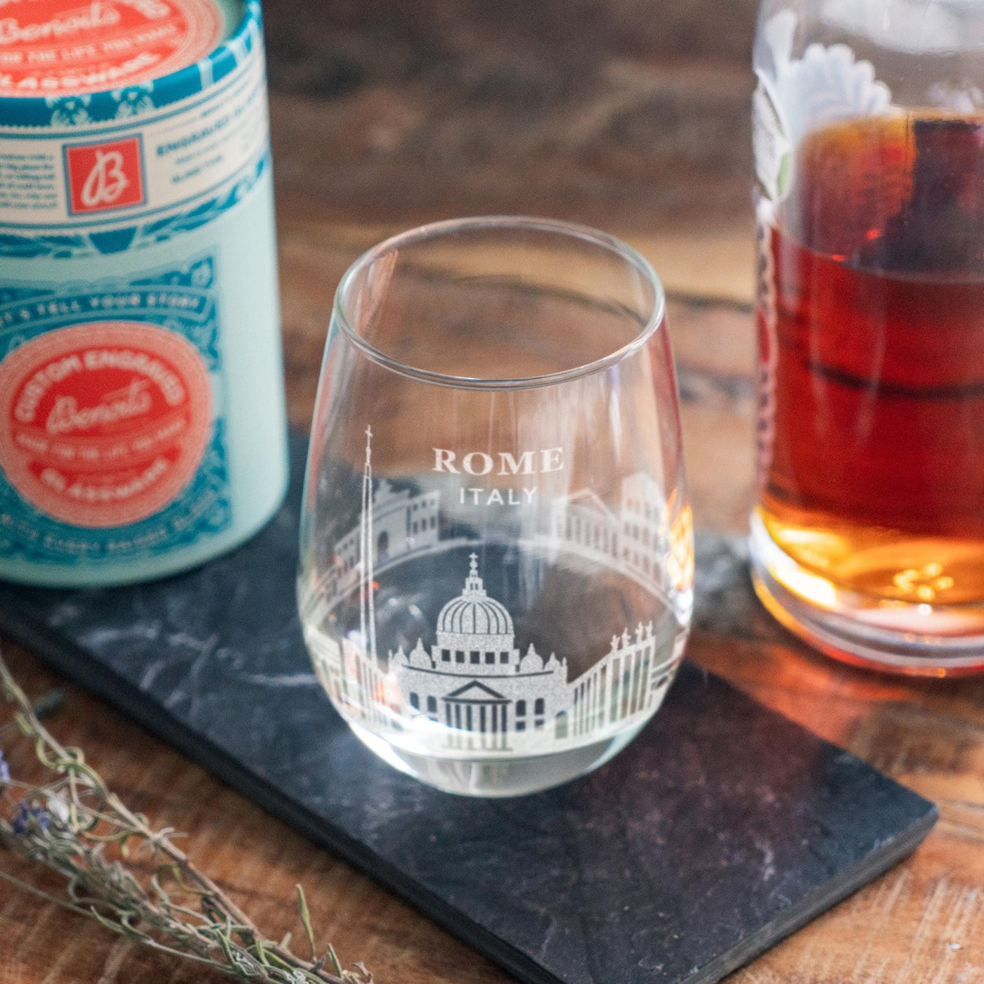 Rome, Italy City Skyline Engraved Glasses | Hometown etched glassware. Beer, whiskey, wine & drinks. Housewarming and Special Travel gift