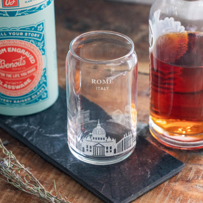 Rome, Italy City Skyline Engraved Glasses | Hometown etched glassware. Beer, whiskey, wine & drinks. Housewarming and Special Travel gift