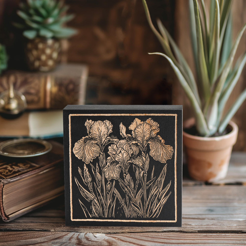 Iris Flowers Mini Engraved Birch Wood Panel | Block Print Floral Garden Wall Art, Plant Mom Illustration Print, Farmhouse Home Decor Gift