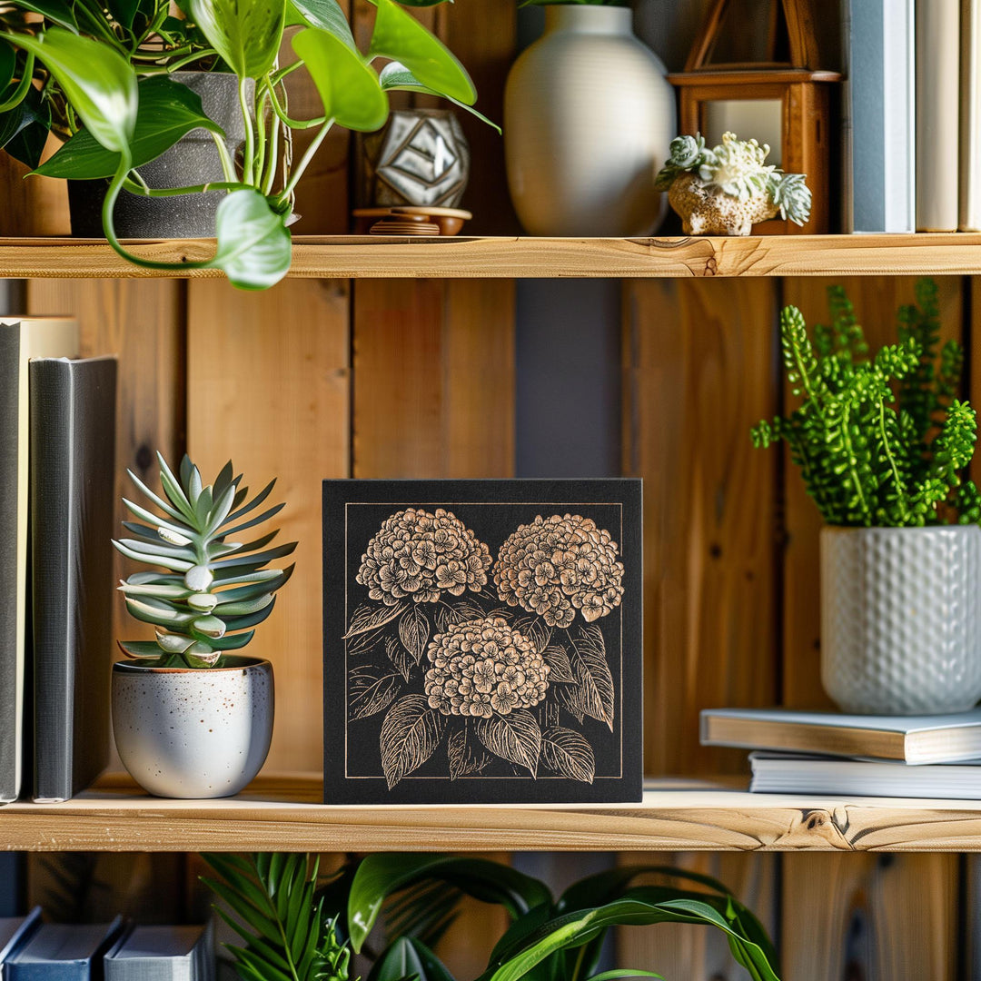 Hydrangea Flowers Mini Engraved Birch Wood Panel | Block Print Floral Garden Wall Art, Plant Mom Illustration Print, Farmhouse Decor Gift