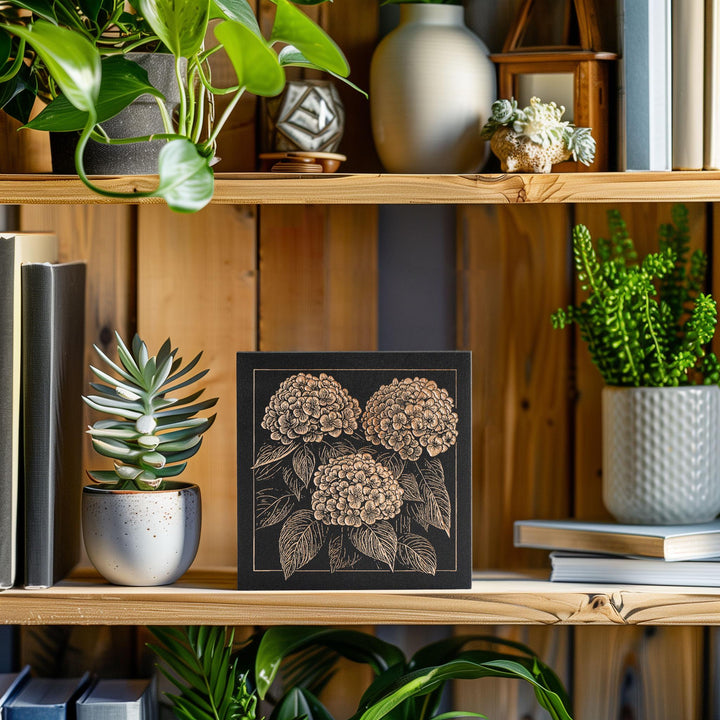 Hydrangea Flowers Mini Engraved Birch Wood Panel | Block Print Floral Garden Wall Art, Plant Mom Illustration Print, Farmhouse Decor Gift