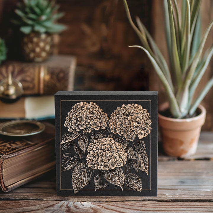 Hydrangea Flowers Mini Engraved Birch Wood Panel | Block Print Floral Garden Wall Art, Plant Mom Illustration Print, Farmhouse Decor Gift