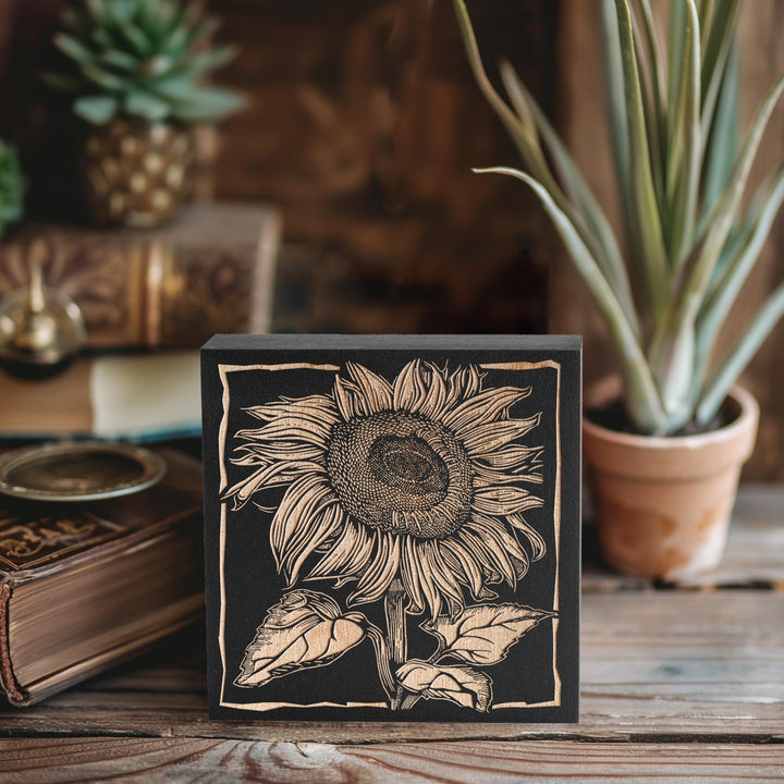 Sunflower Mini Engraved Birch Wood Panel | Block Print Style Flower Wall Art, Floral Illustration Print, Farmhouse Home Decor, Gardener Gift