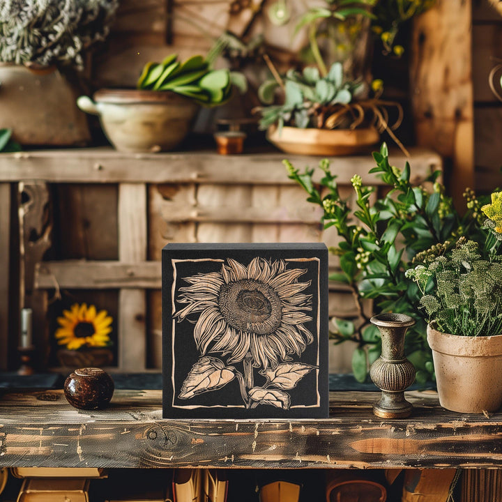 Sunflower Mini Engraved Birch Wood Panel | Block Print Style Flower Wall Art, Floral Illustration Print, Farmhouse Home Decor, Gardener Gift
