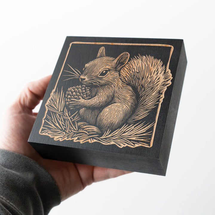 Squirrel Engraved Birch Wood Panel | Block Print Style Woodland Animal Wall Art, Cute Squirrel Illustration, Forest Cabin Nature Decor Gift