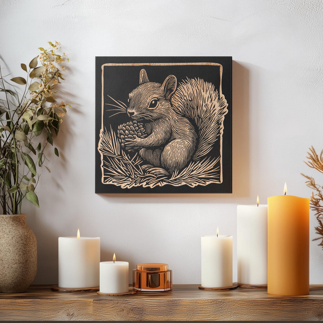 Squirrel Engraved Birch Wood Panel | Block Print Style Woodland Animal Wall Art, Cute Squirrel Illustration, Forest Cabin Nature Decor Gift