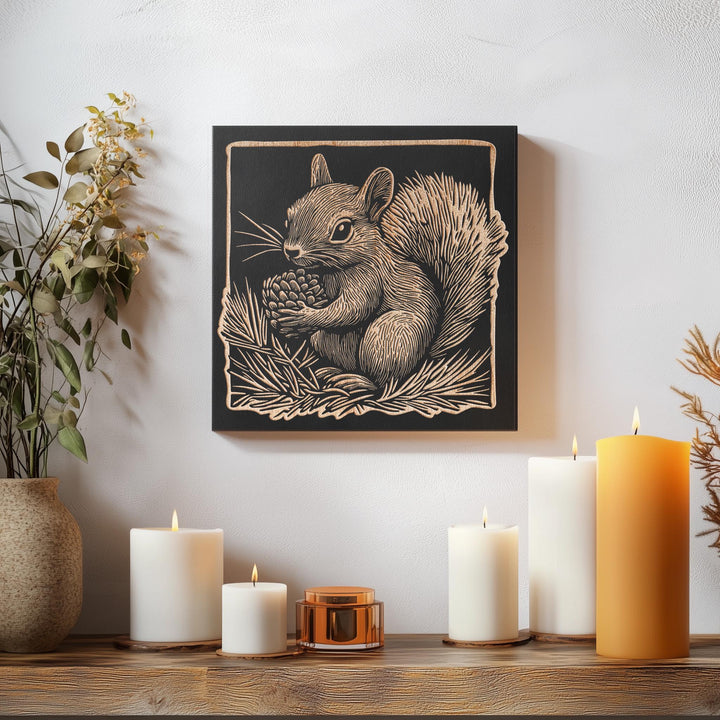 Squirrel Engraved Birch Wood Panel | Block Print Style Woodland Animal Wall Art, Cute Squirrel Illustration, Forest Cabin Nature Decor Gift
