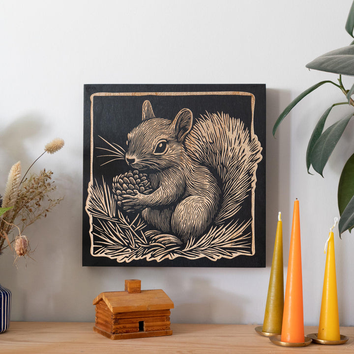 Squirrel Engraved Birch Wood Panel | Block Print Style Woodland Animal Wall Art, Cute Squirrel Illustration, Forest Cabin Nature Decor Gift