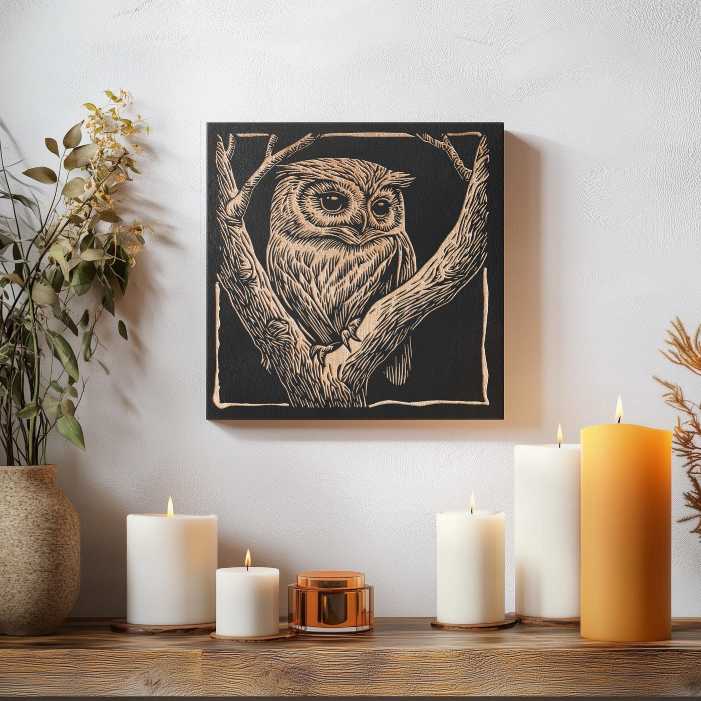 Owl Engraved Birch Wood Panel | Block Print Style Woodland Wall Art, Bird Illustration, Forest Cabin Nature Decor, Birding Birders Gift