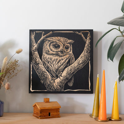 Owl Engraved Birch Wood Panel | Block Print Style Woodland Wall Art, Bird Illustration, Forest Cabin Nature Decor, Birding Birders Gift