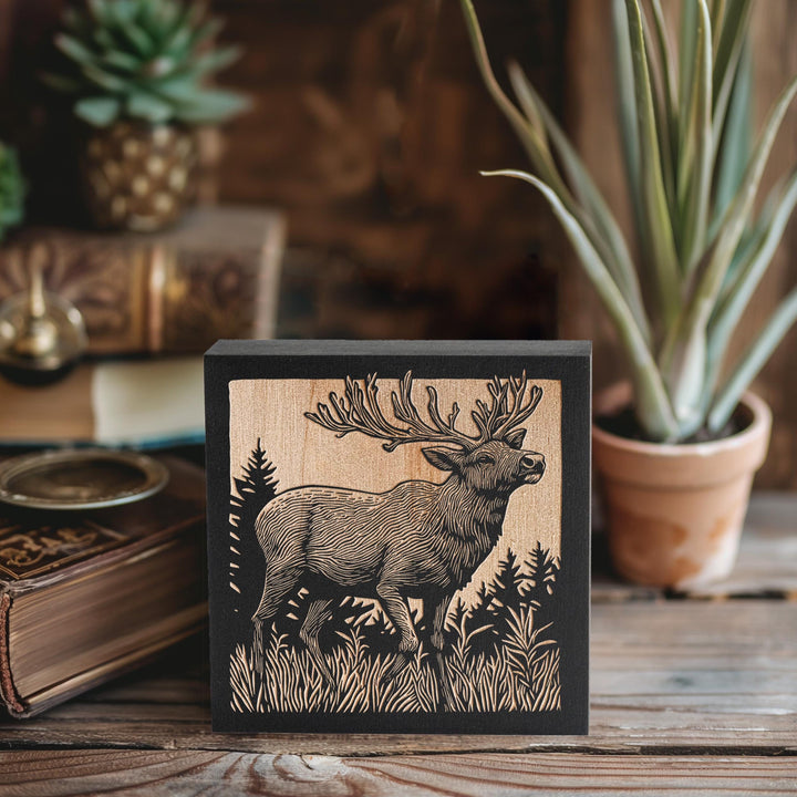 Reindeer Engraved Birch Wood Panel | Block Print Style Woodland Animals Art, Winter Holiday Decor Illustration, Forest Cabin Nature Gift