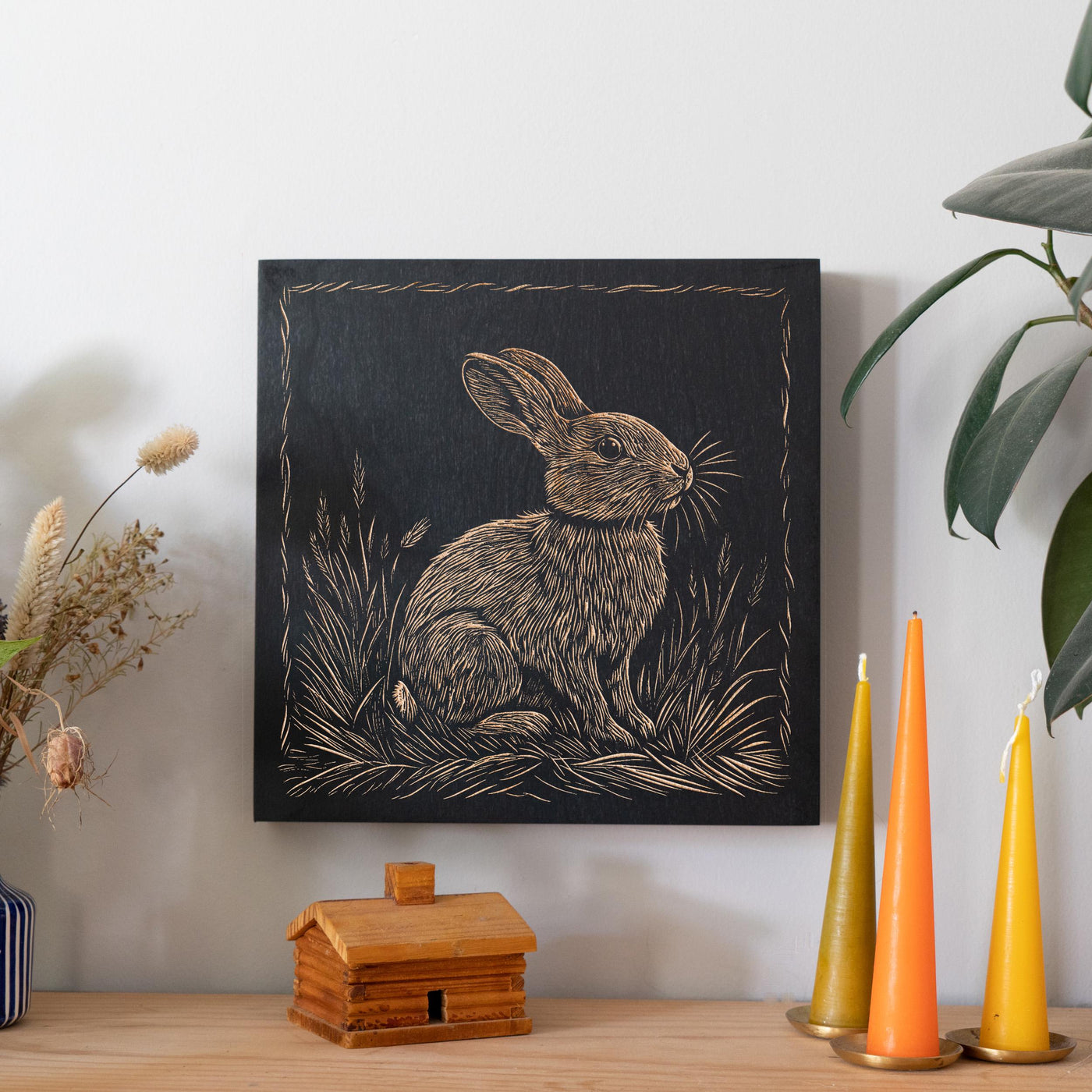 Rabbit Engraved Birch Wood Panel | Block Print Style Woodland Wall Art, Bunny Illustration, Forest Cabin Nature Decor, Farmhouse Decor Gift