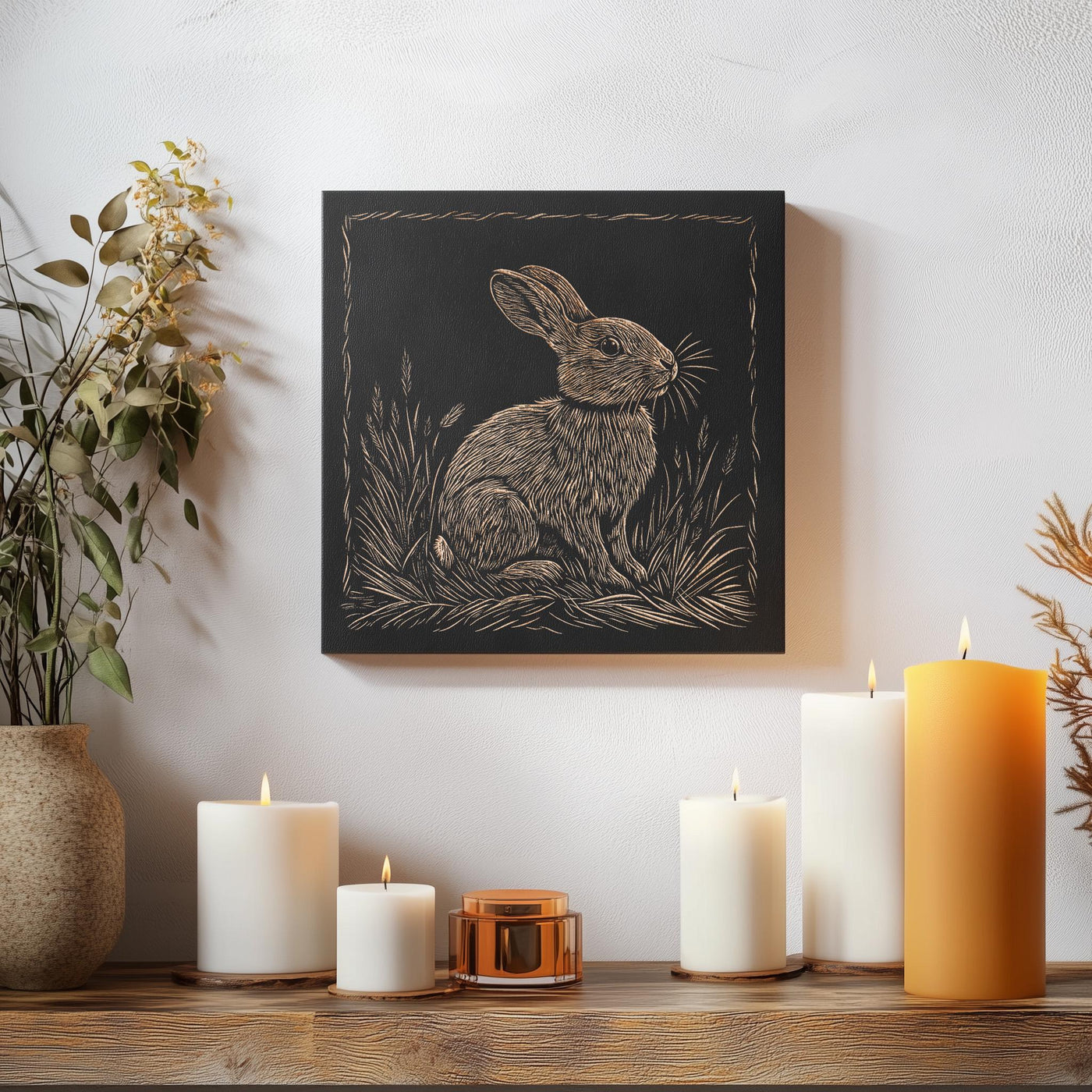 Rabbit Engraved Birch Wood Panel | Block Print Style Woodland Wall Art, Bunny Illustration, Forest Cabin Nature Decor, Farmhouse Decor Gift