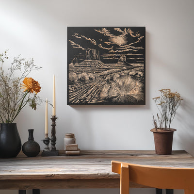 a table with vases of flowers and a painting on the wall