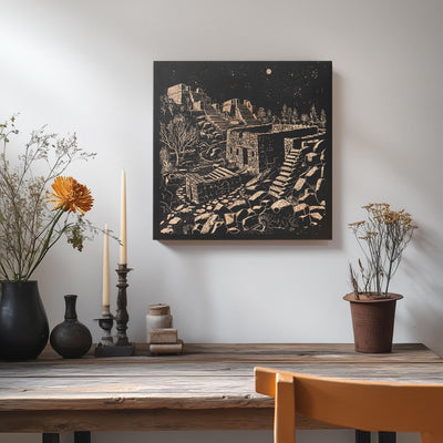 a table with vases of flowers and a painting on the wall