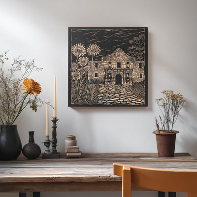 a picture of a house on a wall above a table