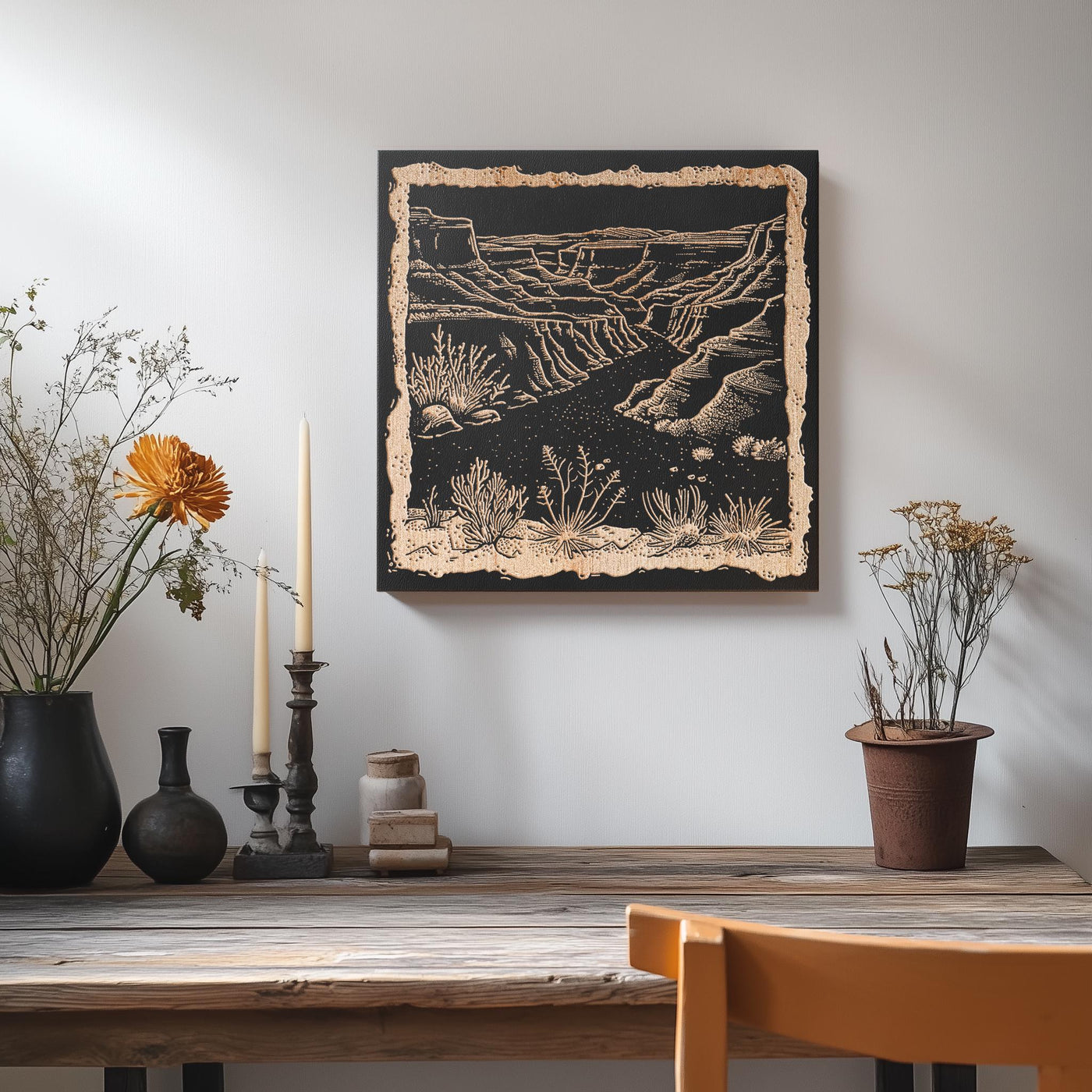 a table with vases and a painting on the wall