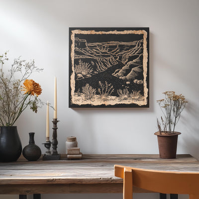 a table with vases and a painting on the wall