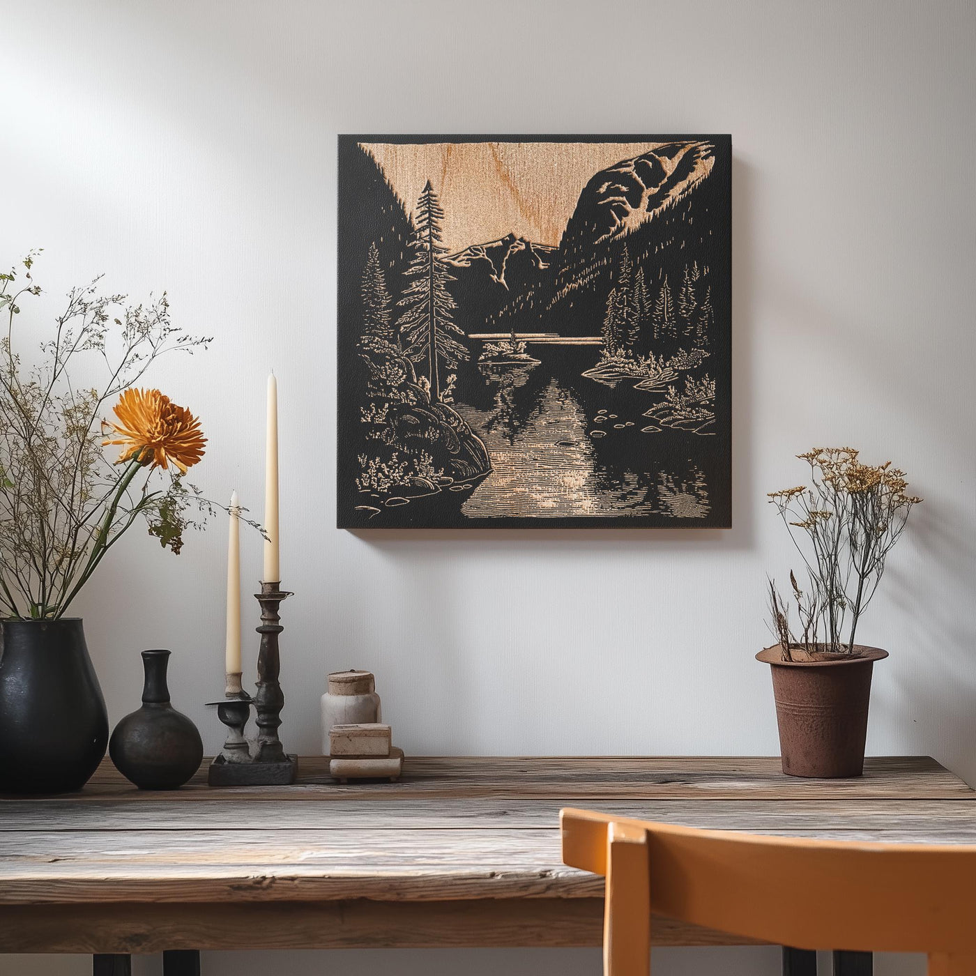 a wooden table with vases and flowers on it