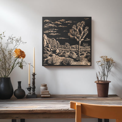 a table with vases and a painting on the wall