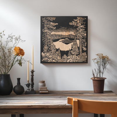 a table with vases and a painting on the wall