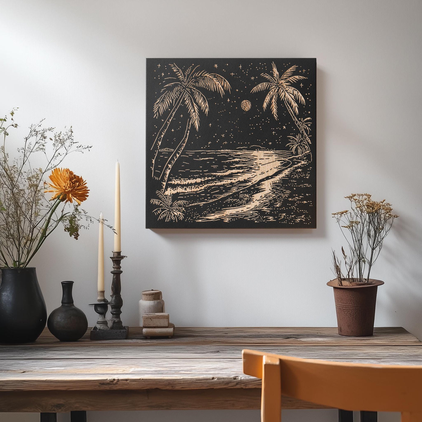 a table with vases of flowers and a painting on the wall