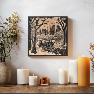 a picture of a bridge over a river surrounded by candles