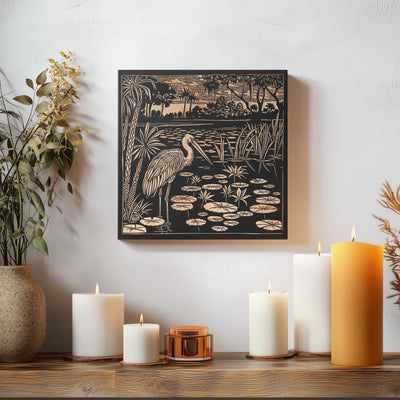 a table topped with candles and a painting on the wall