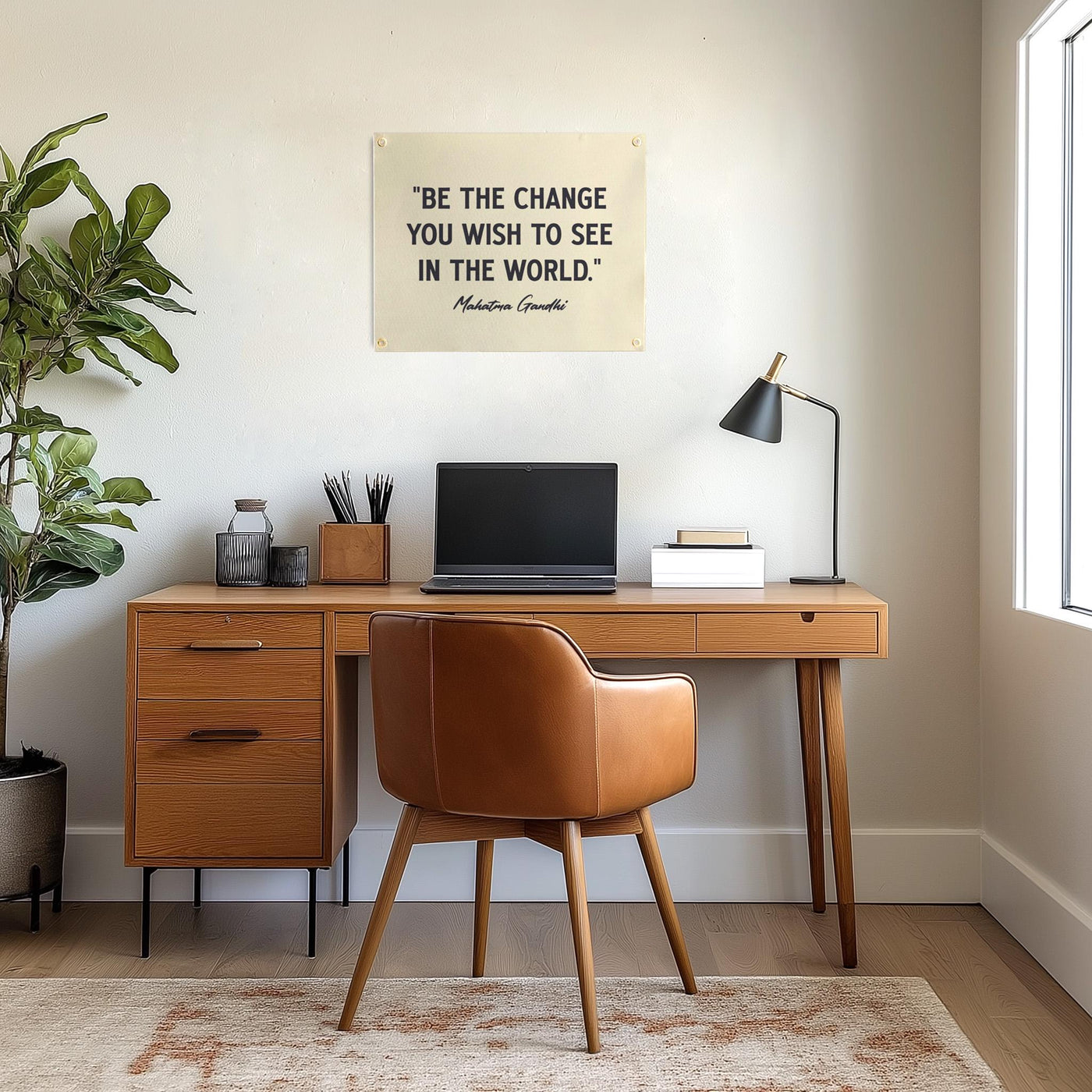 Be The Change Mahatma Gandhi Quote Felt Banner | Inspirational Life Quote Wall Art Decor, Motivational Print Gift, Office Living Room Accent