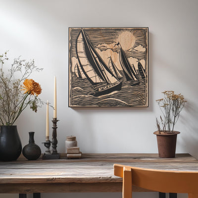 a picture of a sailboat on a wall above a table