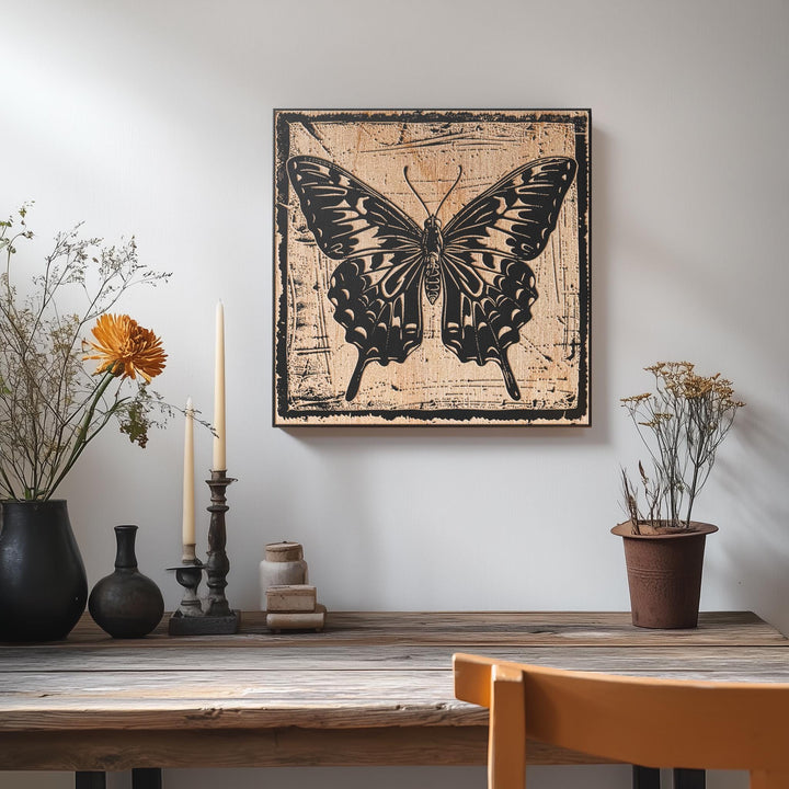 a picture of a butterfly on a wall above a table