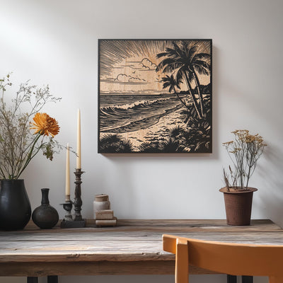 a table with vases of flowers and a painting on the wall