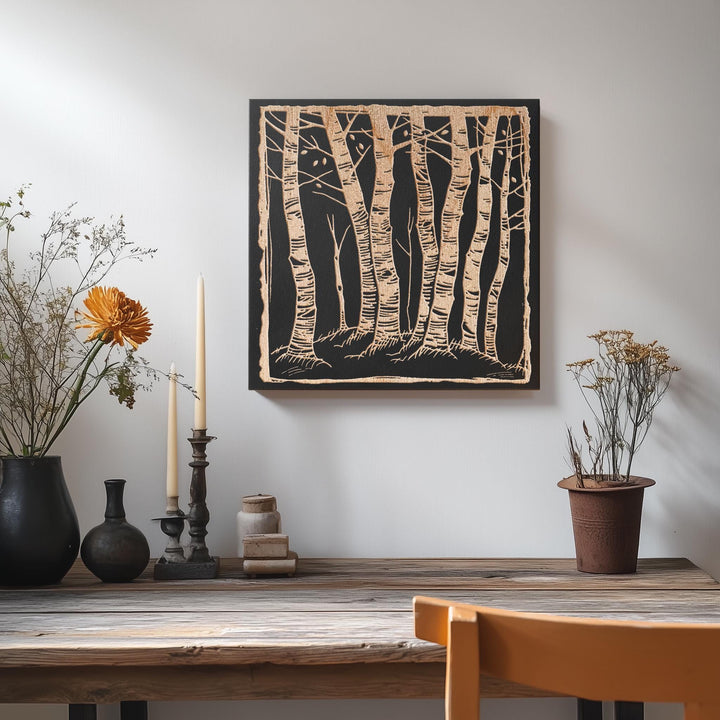 a table with vases and a painting on the wall