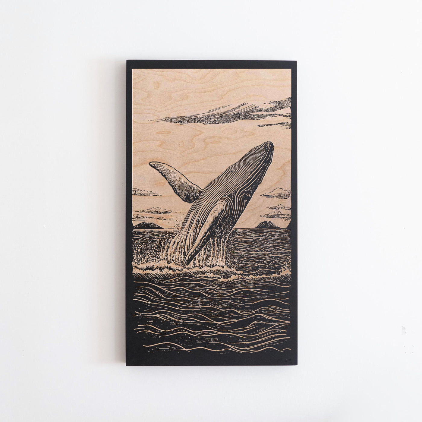 Breaching Whale Engraved Birch Wood Panel | Block Print Inspired Marine Wall Art, Nature Lovers Illustration Print, Coastal Home Decor Gift